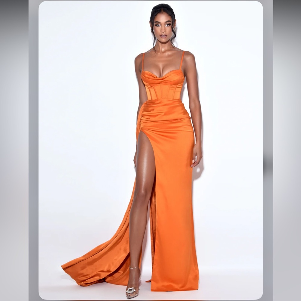 NWT Miss Circle Elayna Orange Strappy Satin Corset High Slit Gown - XS